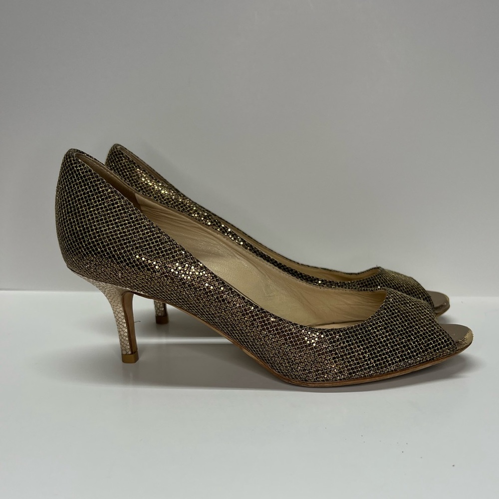 JIMMY CHOO sparkle heels peep toe, gold glitter size 35/5  prom grad wedding